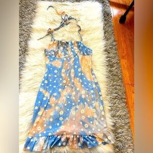 Blue and Orange Floral Print Summer Dress